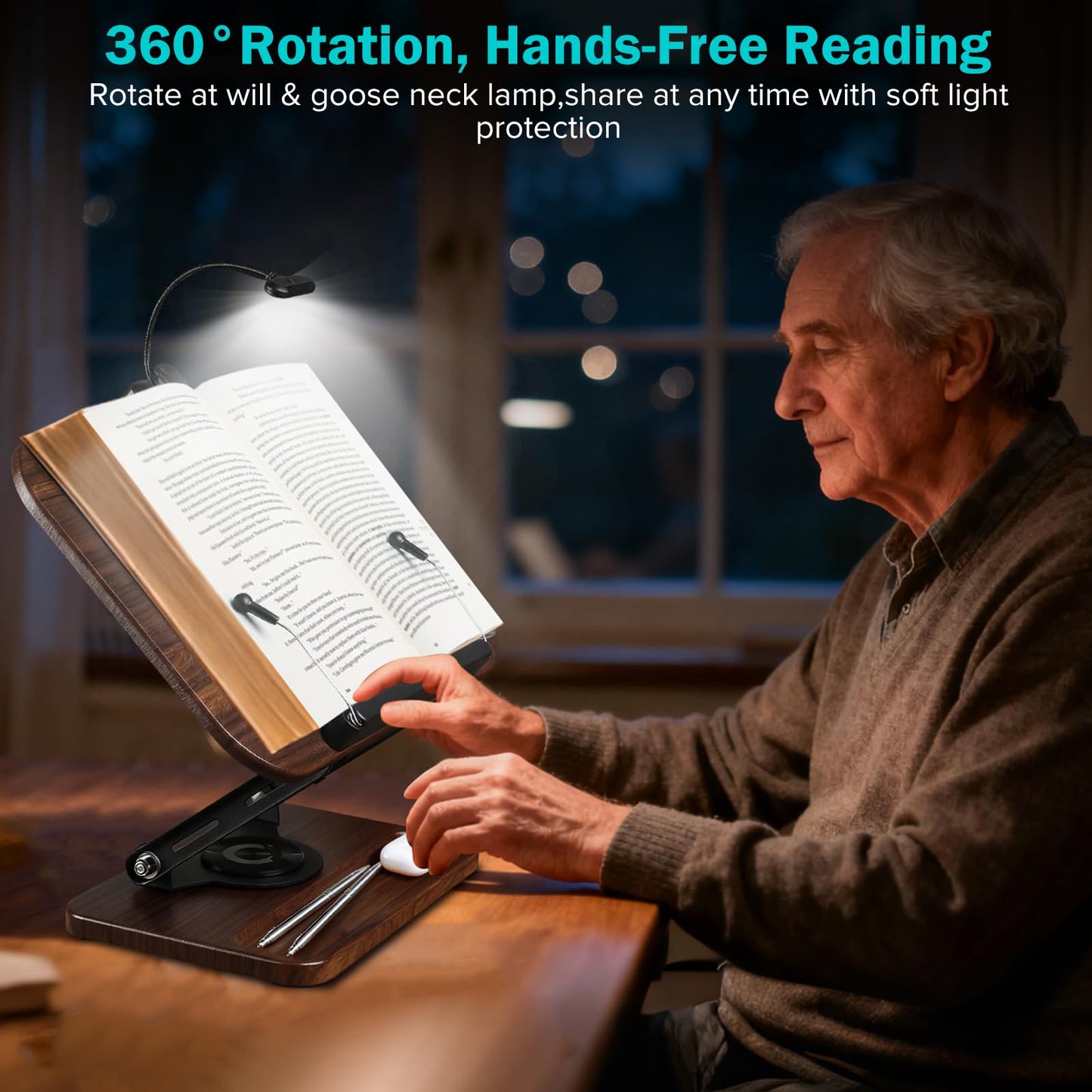 UikJOY Book Stand with Light & Storage, Book Holders for Reading Hands Free, Wooden Cookbook Stand with Adjustable Height & 360 °Angle for Recipe,Magazine,Laptop,Tablet, Bible