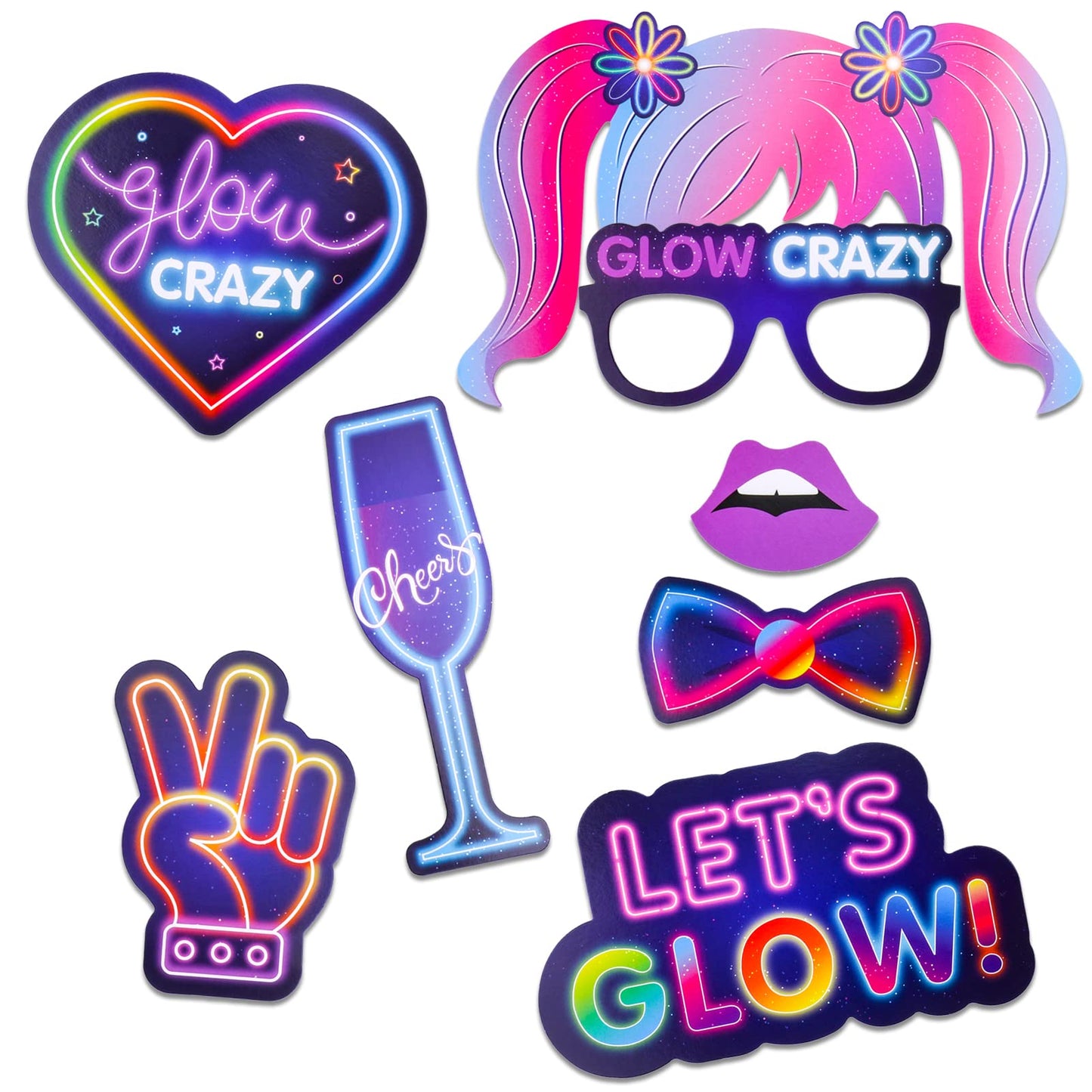 Qpout 25 Pieces Glow Party Photo Props, Neon Party Photo Booth Props, Fluorescent Selfie Props, Glow in The Dark Party Photo Props Posing Props Bar Decoration
