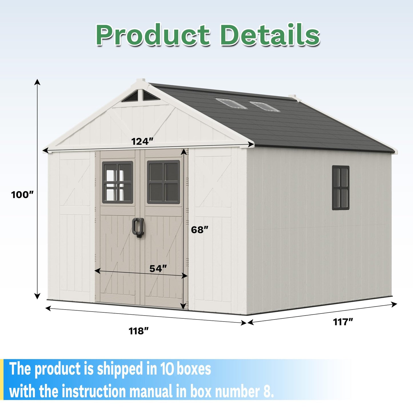 Greesum 10×10FT Plastic Outdoor Storage Shed with Floor and Lockable Door, Resin Sheds with Windows and Skylights, Organization for Garden, Lawn, Backyard, Beige