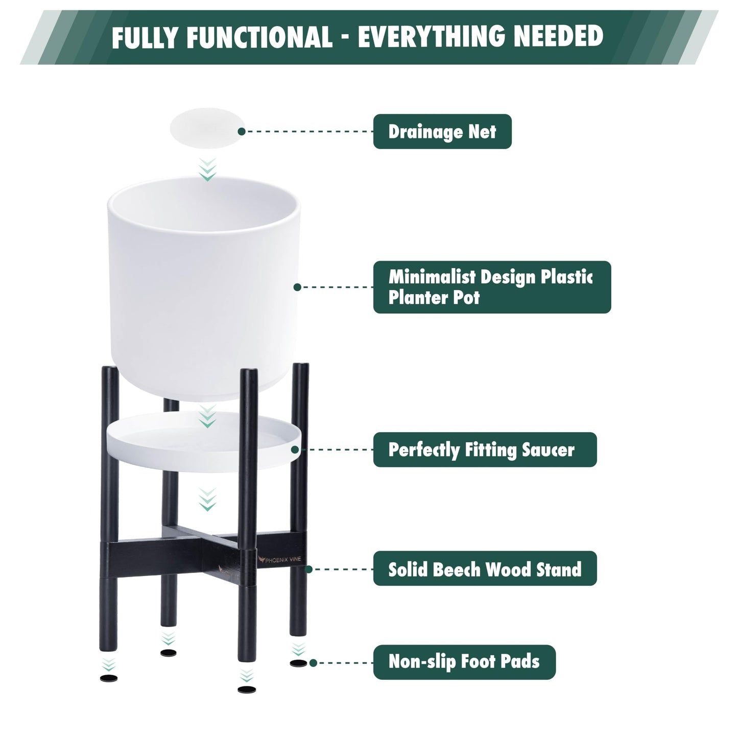 D'vine Dev Planter Pot with Stand - 8 Inch Plastic Cylinder Flower Pot with Wood Planter Holder for Indoor, Matte White Pot + Ebony Stand, 55-C-K-1