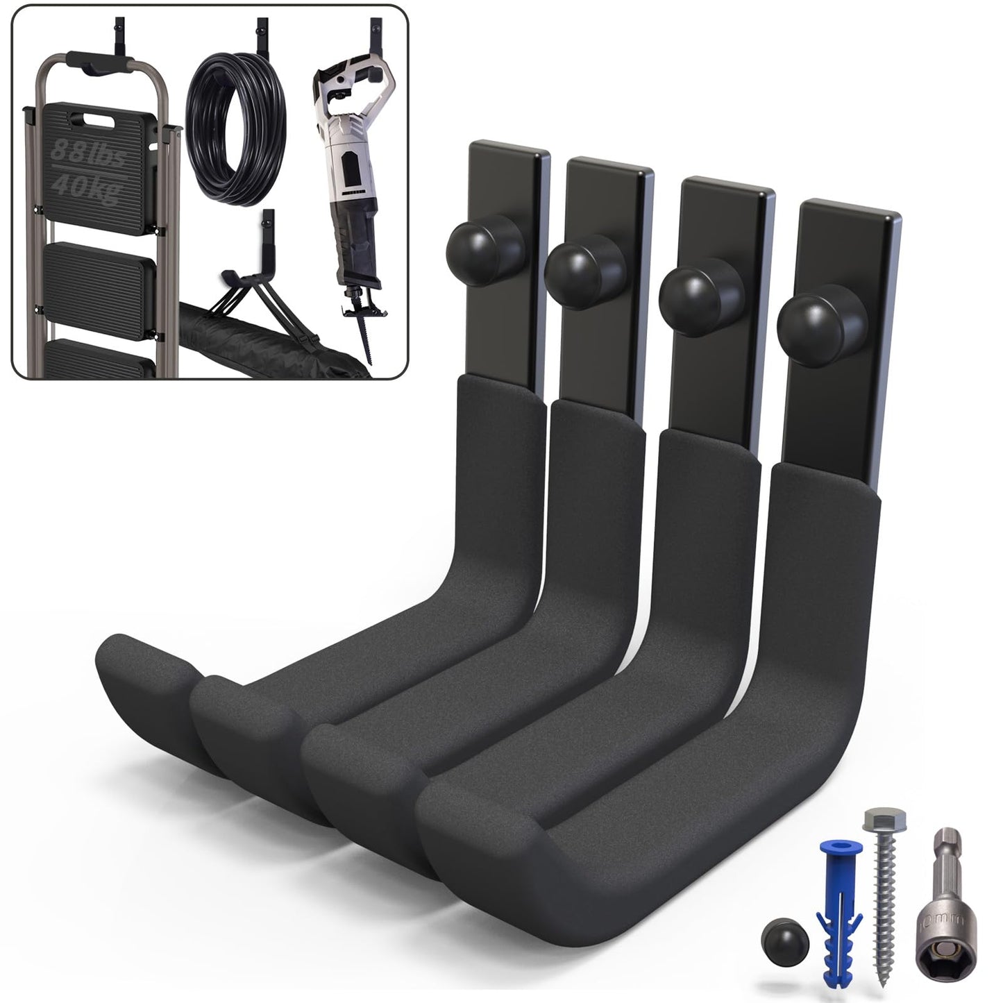 SunVFaFa 4 Pack Garage Storage Hooks, Ladder Hangers, Steel Wall Mount Hooks, Utility Hooks for Hanging Heavy Duty Shed Tools, Ropes, Garden Hoses, Shovel, Bulk Items, etc.（88lbs, 4Inch）