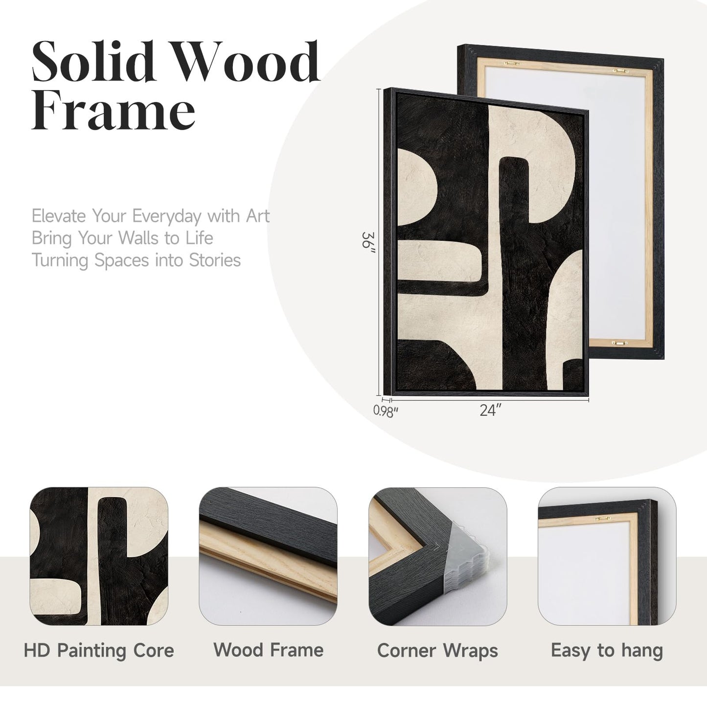 Large Framed Abstract Set of 2 Wall Art for Living Room, Neutral Black Beige Geometric Modern Canvas Artwork for Walls, Minimalist Painting Print Wall Decor Bedroom Hallway Home Office, 24x36 Inch