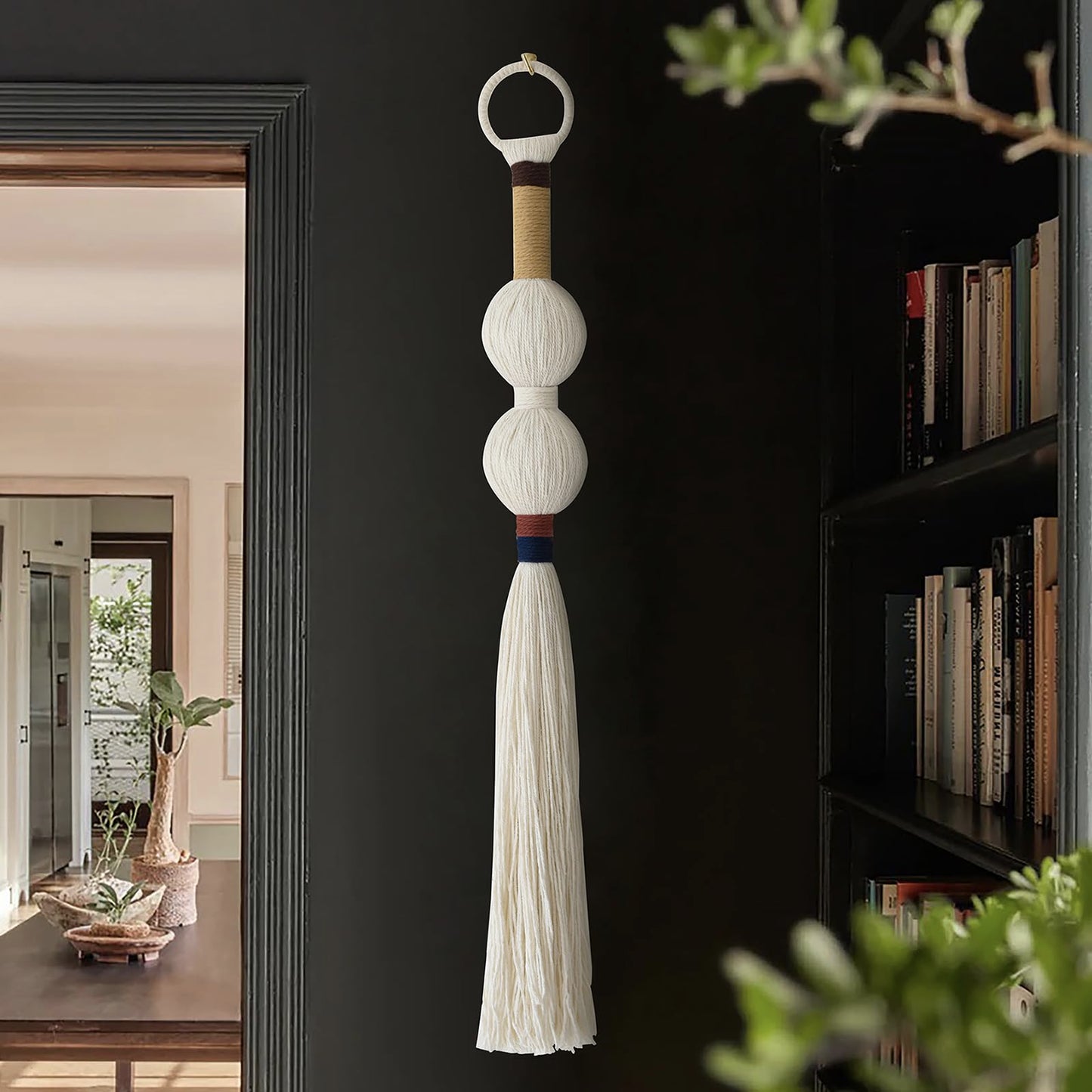 IOWER Macrame Wall Hanging Boho Decor Yarn Wall Art Small Sphericity Cotton Textile Tassel Hanging Fiber Art for Living Room Bedroom 27'' L x 2.3'' W