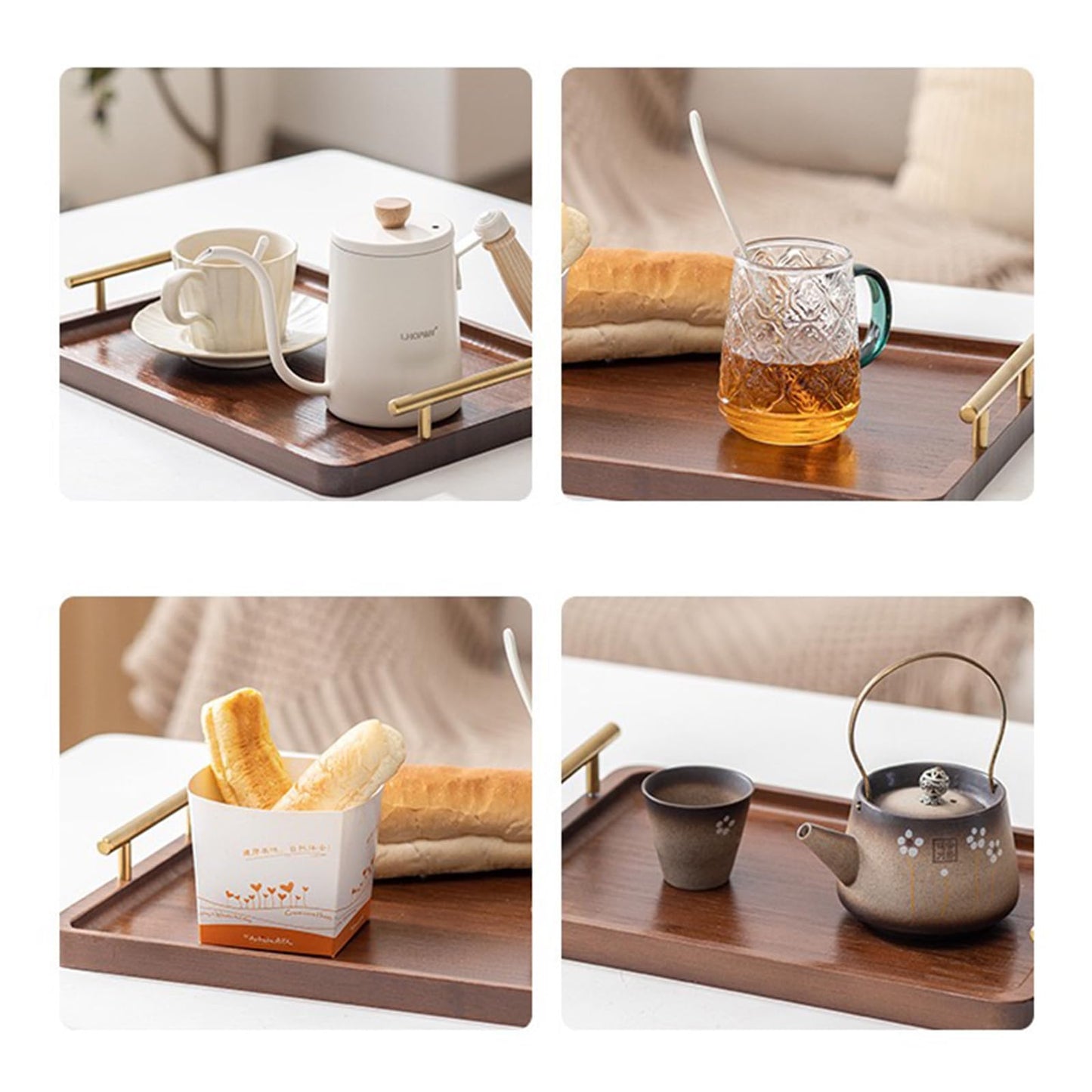 XZHXFX Bamboo Serving Tray with Gold Handles, Food Tray for Breakfast,Coffee Table,Dinner & Bar, Decorative Tray for Kitchen, Bedroom (Small)