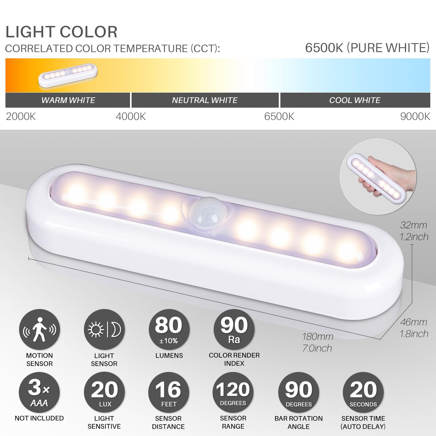 STAR-SPANGLED 3 Pack 7” Motion Sensor Lights Indoor Battery Operated, Stick on LED Light for Closet, Stairs, Under Cabinet, Warm White