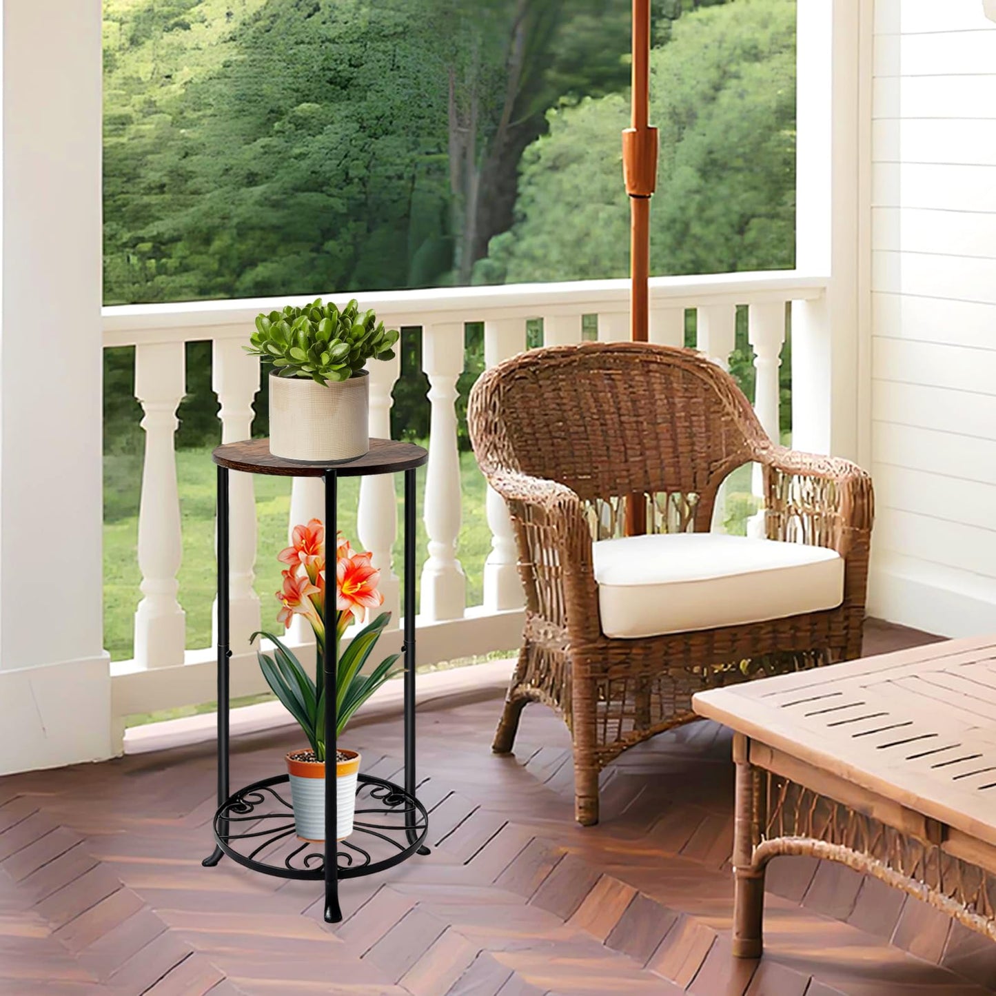 Uniqcovosa Plant Stand Indoor, 2 Tier Wood Round Potted Holder Rack, 27 " Tall Flower Pot Stand Shelf, Round Supports Plant Stand for Large Plants, Corner Plant Shelf for Balcony Garden Patio Living Room, Brown