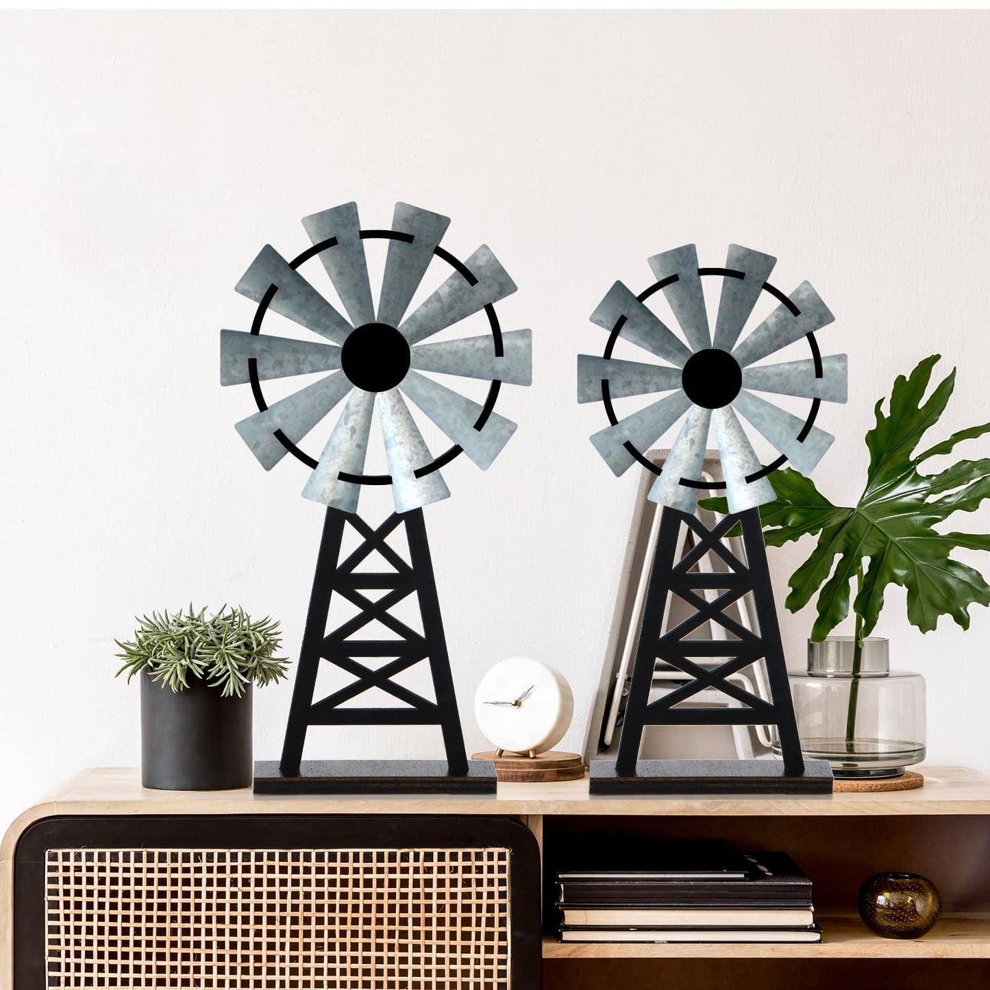 Yalikop Set of 2 Wooden Farmhouse Windmill Table Top Decor Wood Small Distressed Black Grey Rustic Windmill Themed Table Decor for Kitchen Garden Home