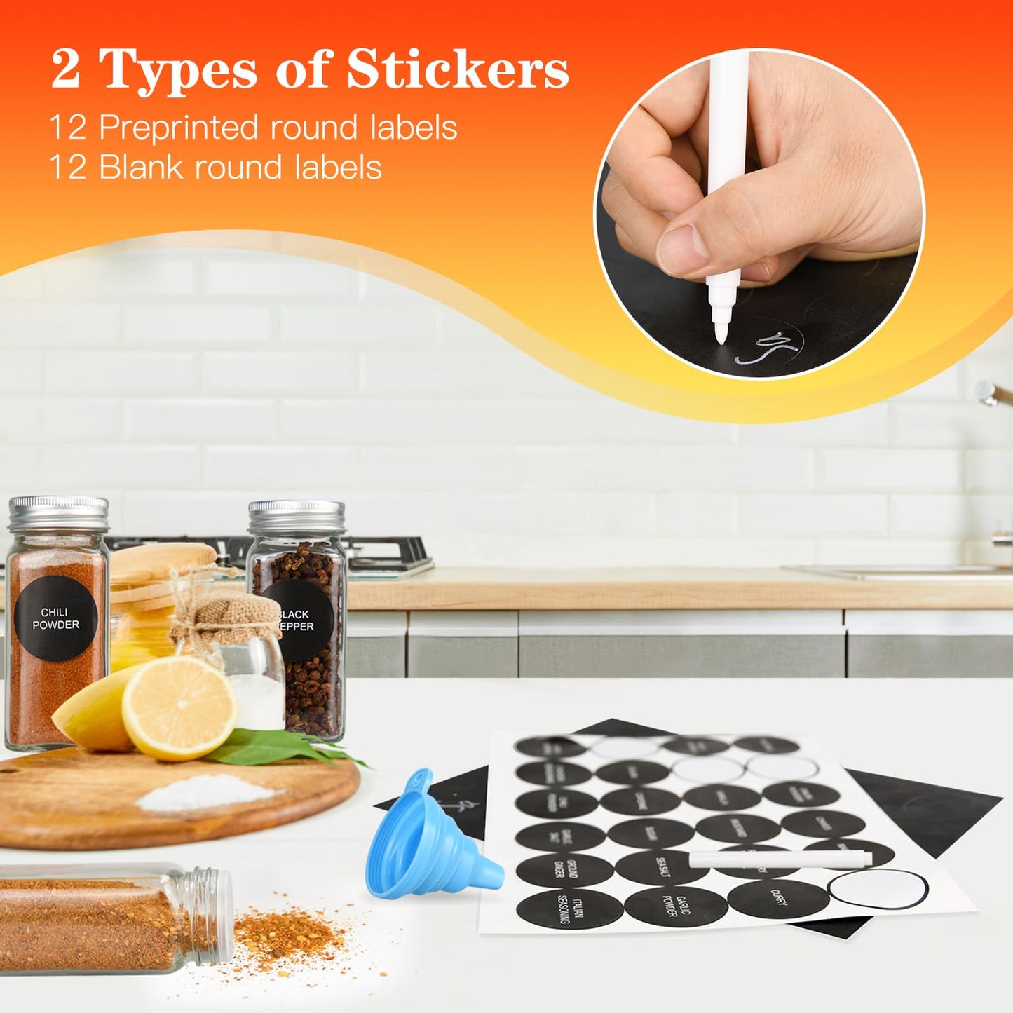DkOvn 12pcs Glass Spice Jars, 4oz Empty Spice Jars with Metal Caps, Labels, Shaker Lids, Collapsible Funnel, Chalk Pen, Seasoning Organizer for Spice Rack