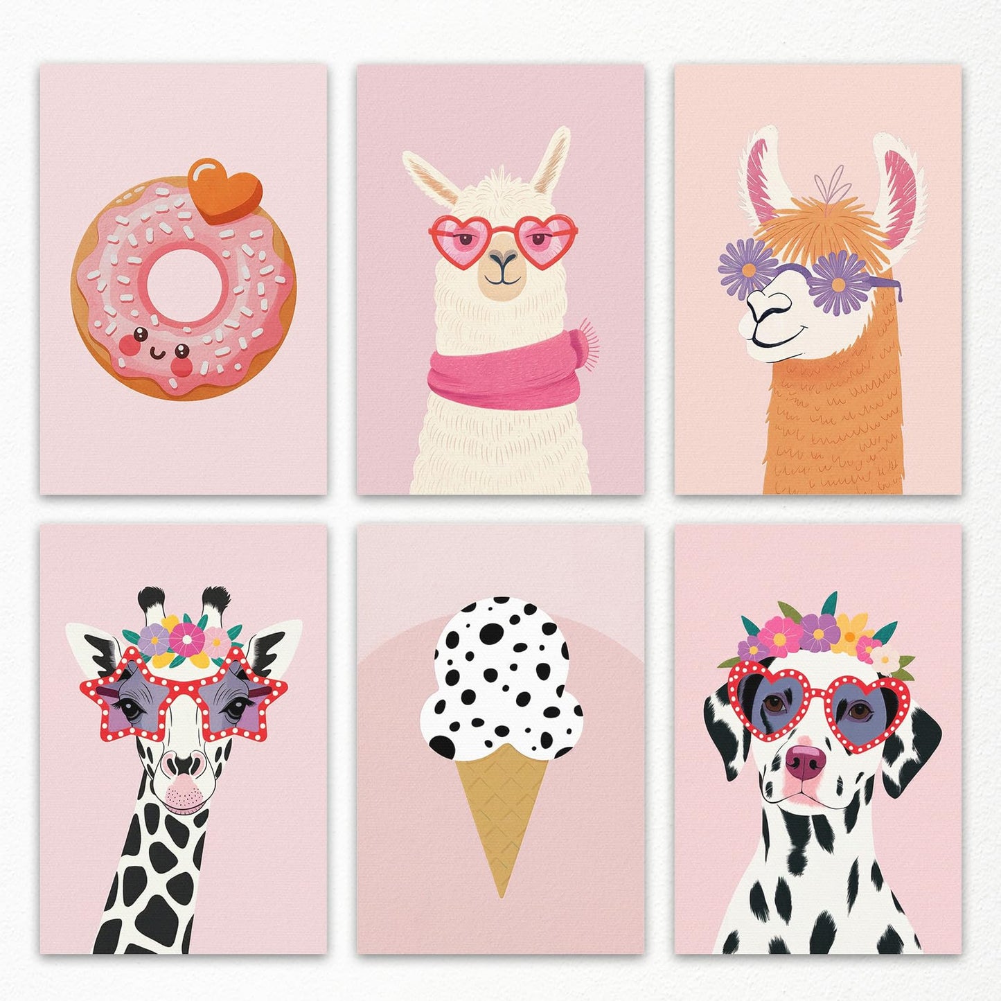 6pcs Pastel Pink Nursery Canvas Wall Art, Fashion Sunglasses Wearing Animal Poster, Cute Dog Giraffe Alpaca Kis Room Picture, Playful Ice Cream & Donut Print for Girls Playroom 8x12in Unframed