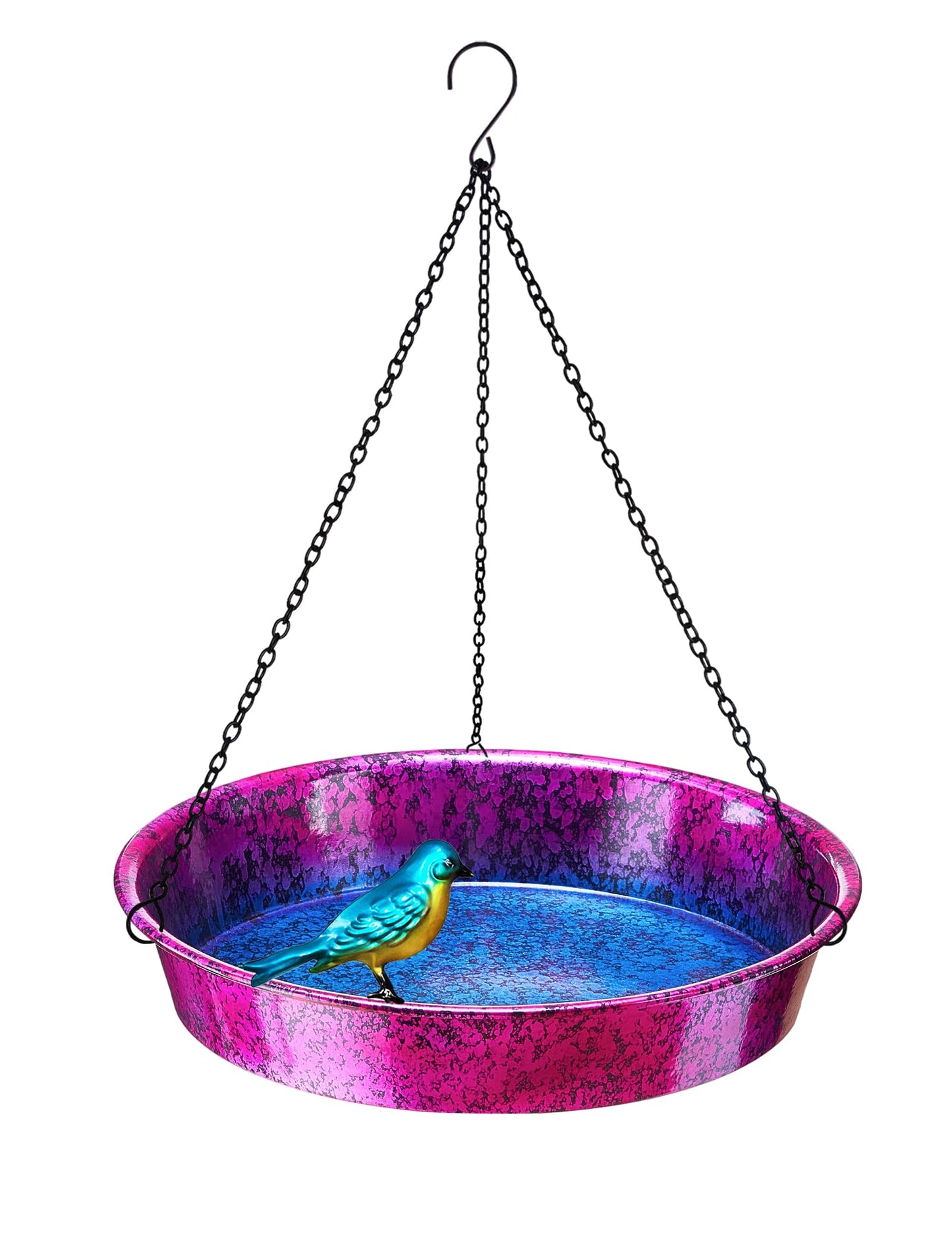 Hanging Bird Bath for Outside, 11.5” Metallic Purple & Blue Metal Birdbath Bowl & Feeder with Black Chain Outdoor Garden Yard Decor