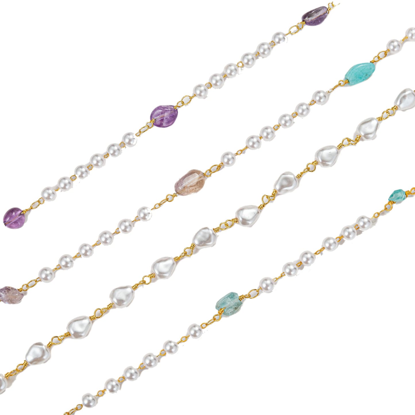 YoungJewl 2 Yards 5 mm Faux Pearl Crystal Stone Rosary Beads Garland with Brass Chain for Jewelry Making DIY Bracelet Necklace Sewing Crafts(Purple)