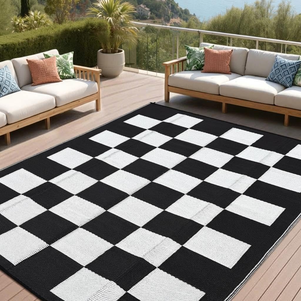 Jojoka Large Waterproof Outdoor Rug, Reversible Plastic Straw Mat, Modern Checkered Plaid Carpet, UV-Resistant & Collapsible for Patio Deck Camping, Easy Clean Outdoor Area Rug