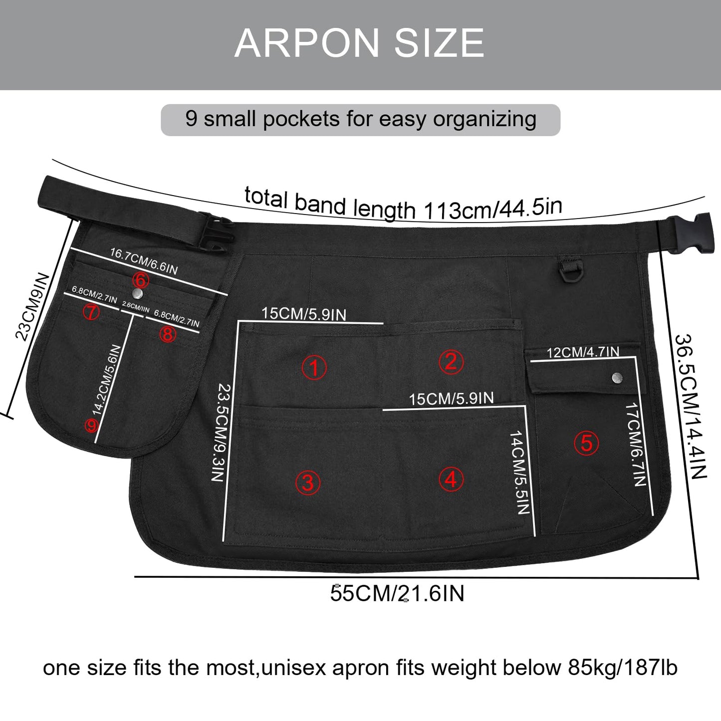 Molaxhome Waist Tool Apron with Multi-Pocket Gardening Apron with Adjustable Belt Server Hairdresser Aprons Black