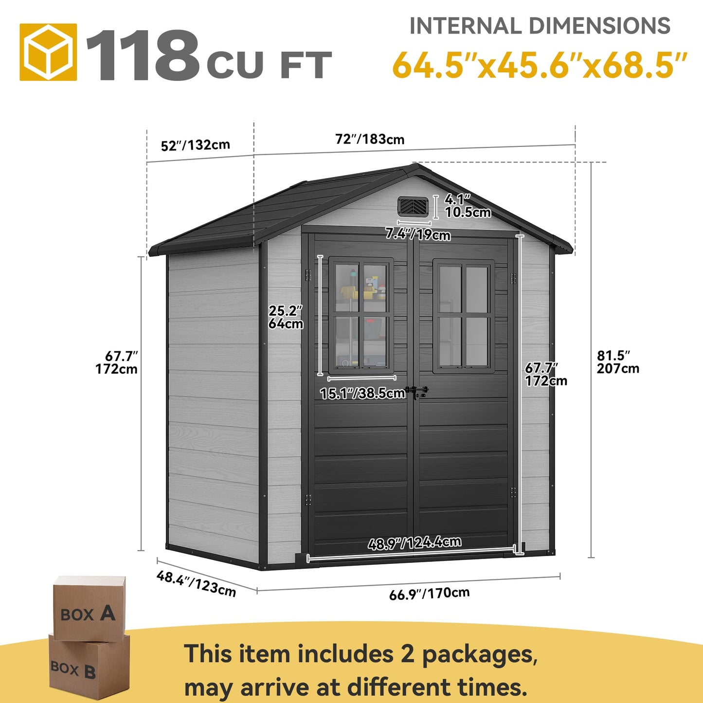 DWVO 6x4.4 FT Outdoor Storage Shed, Plastic Garden Tool Shed with 2 Windows, Double-Wall Outside Shed for Lawn Mower, Garden Tool for Backyard, Patio, Lawn