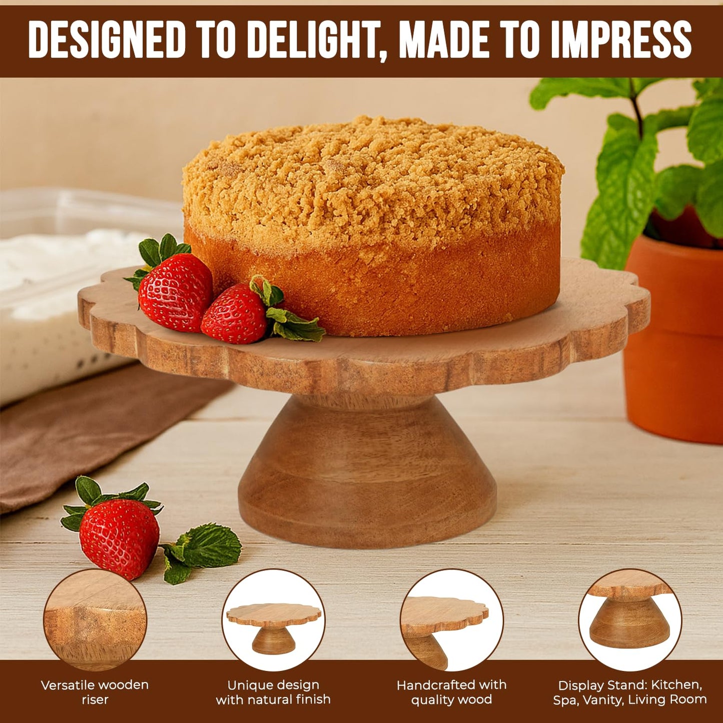 Mela Artisans Wooden Cake Stand 12 Inch | Natural Finish Mango Wood Pedestal Riser | Footed Cupcake & Dessert Stand | Multipurpose Cake Display for Home Decor | Dining Table | Pastries