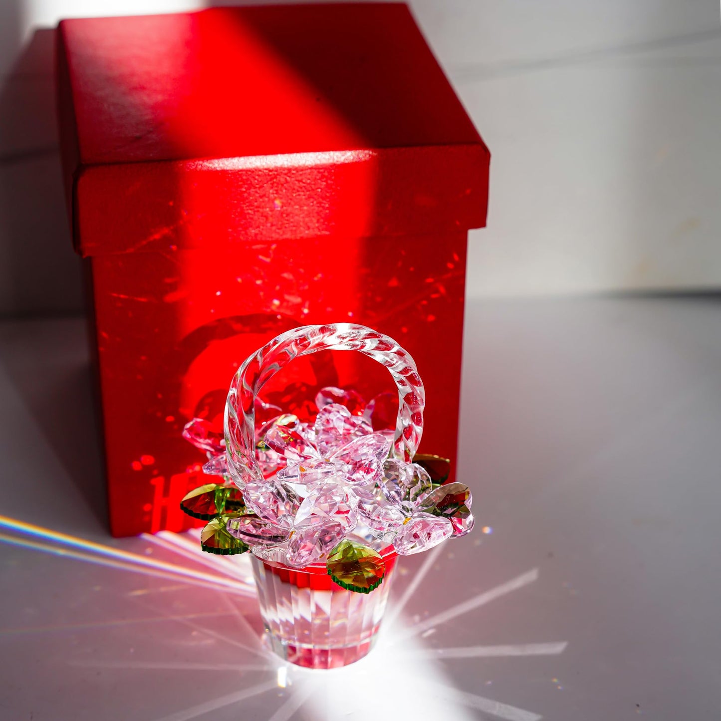 H&D HYALINE & DORA Crystal Pink Flower Basket Figurine,Crystal Gifts for Women, Glass Flower Collectible Figurines for Home Wedding Christmas Decor(with 5 Flowers)