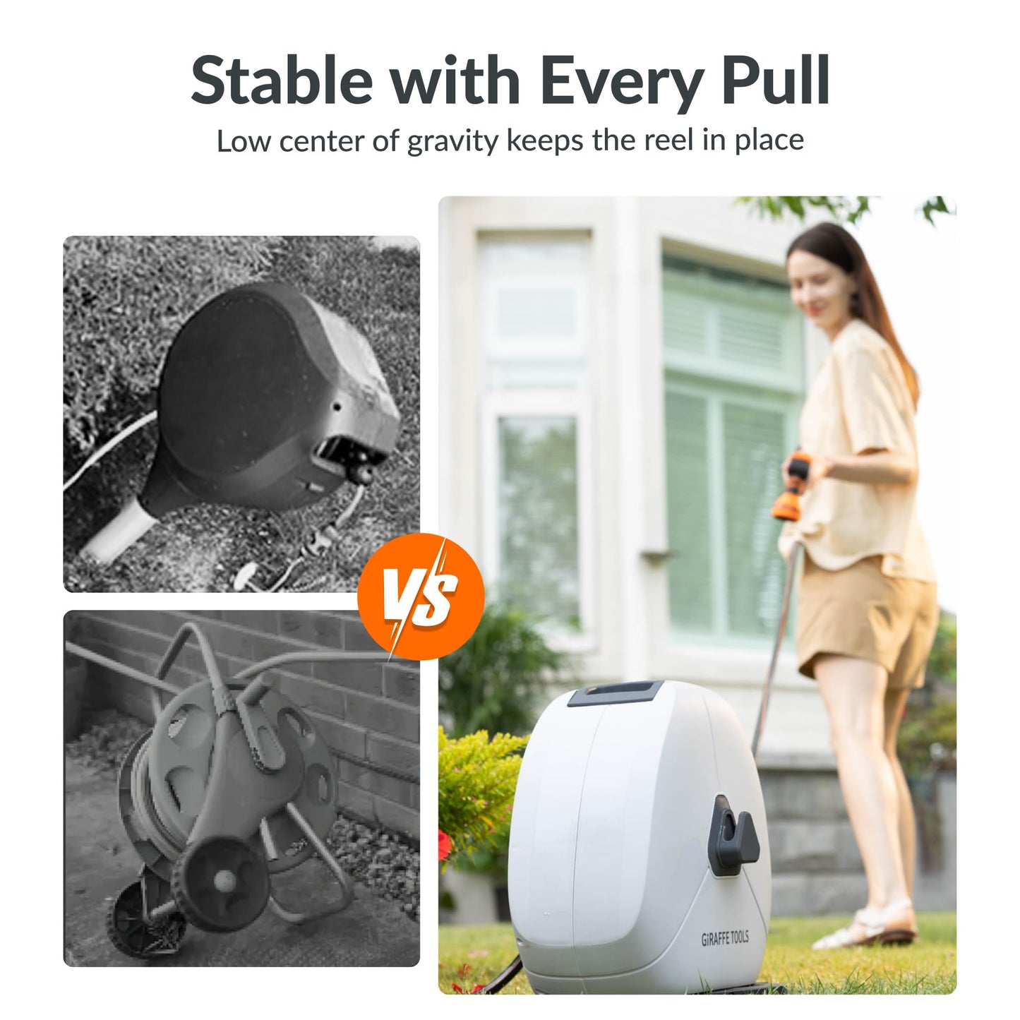 Giraffe Tools Heavy Duty Retractable Hose Reel, 130FT 1/2 Inch Automatic Rewind Garden Hose Reel with Flexible Swivel Base, Ground Mount for Lawn, Patio, and Concrete Floor