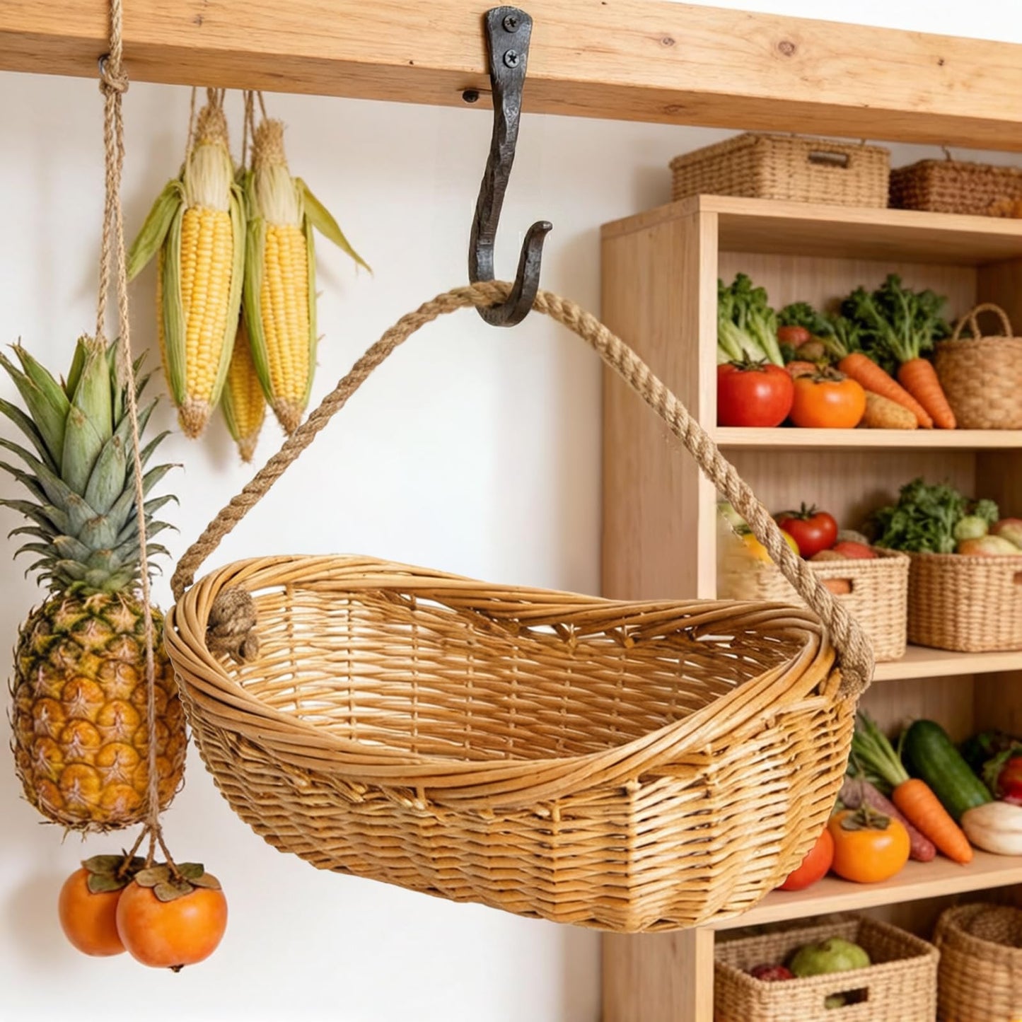 ZEAYEA Wicker Woven Basket with Jute Rope Handle, Large Garden Harvest Basket for Gathering Vegetables, Multi-functional Fruit Storage Basket for Picnic, Easter, Organizing
