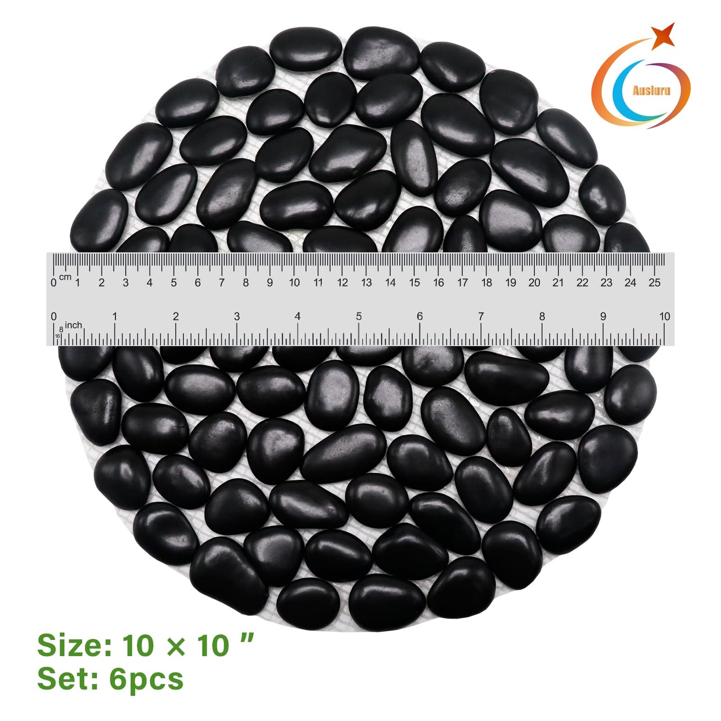 Ausluru 10in River Rock Stepping Stones Set - 6 Pack | Polished Pebble | Long-Lasting PVC Mesh Backing | Perfect for Garden Paths and Lawns Outdoor Landscaping Decoration | Black Circle