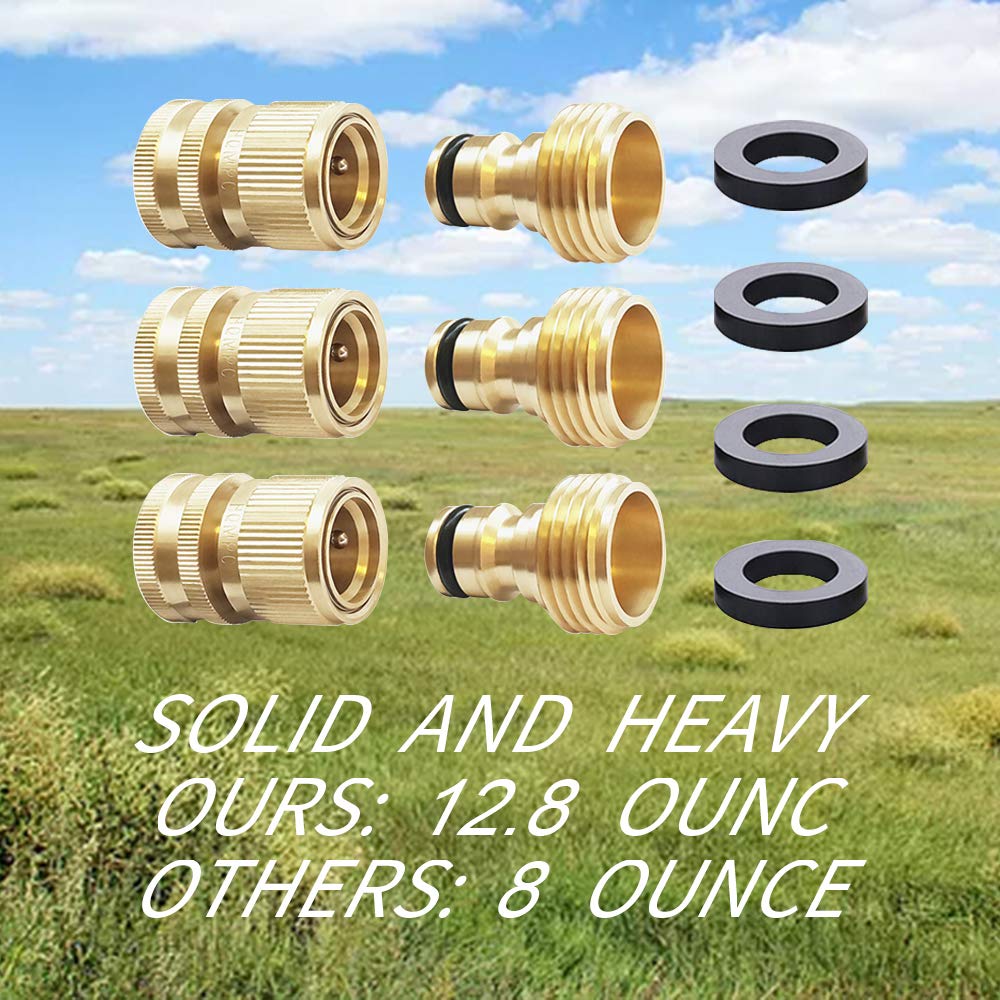 HQMPC Garden Hose Quick Connect Solid Brass Quick Connector Garden Hose Fitting Water Hose Connectors 3/4 inch GHT (3 SETS)
