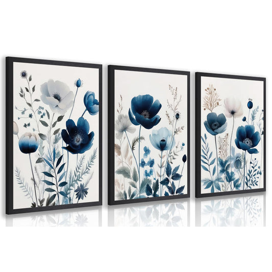Grajoy Wood Framed Navy Blue Floral Wall Art Set of 3, Watercolor Wildflower Canvas Painting, Blue Plant Flowers Wall Decor, Modern Classic Simple Poster Prints for Bedroom Bathroom 12x16 Inch