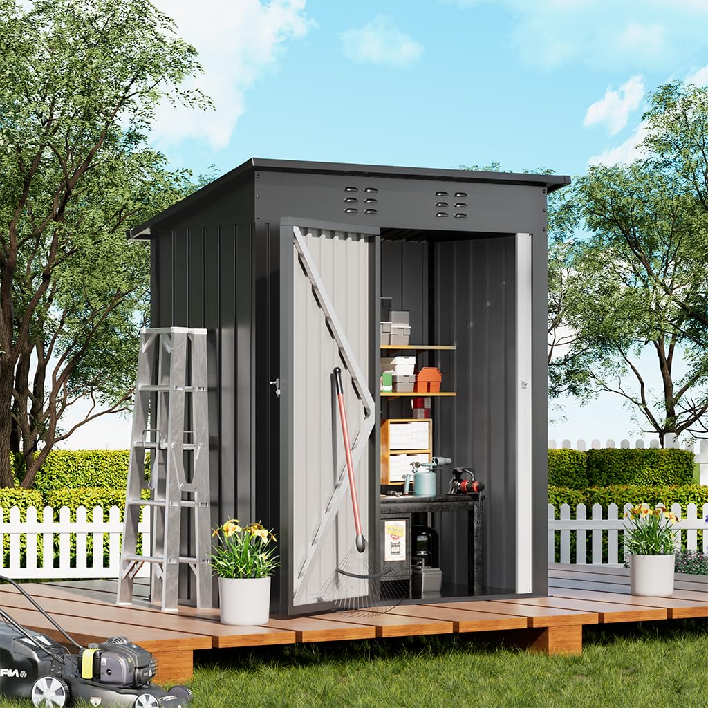 COMHOMA Shed Outdoor Storage Shed Metal,Lockable Doors Tool Sheds with Sloping Roof,Steel Garden Shed with Air Vent for Backyard,Patio,Lawn,Poolside(Grey,5'*3')