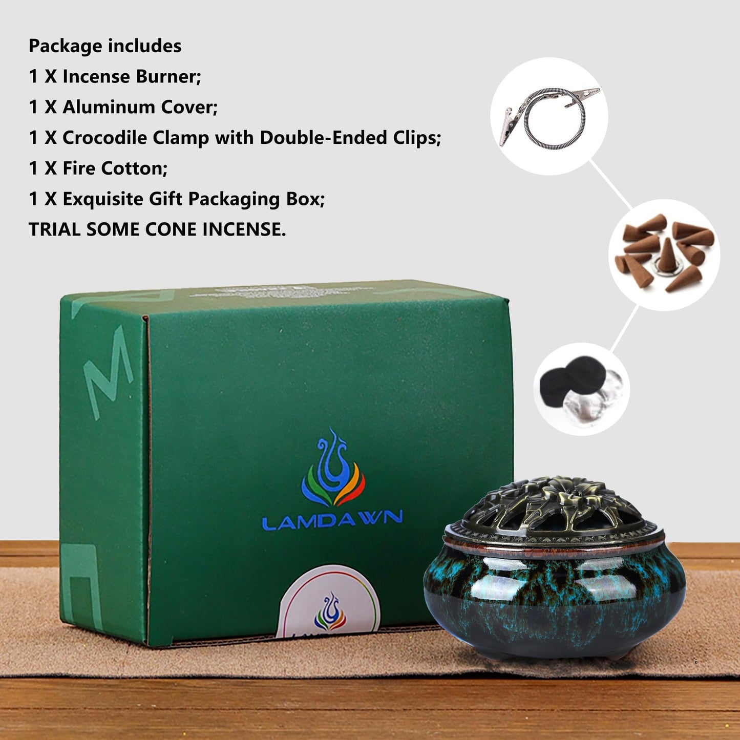 LamDawn Censer Sky Blue Incense Burner with Calabash Incense Stick Holder - Porcelain Charcoal Censer for Use with Resin Granular Powder Cone or Coil Incense (Blue Fambe)