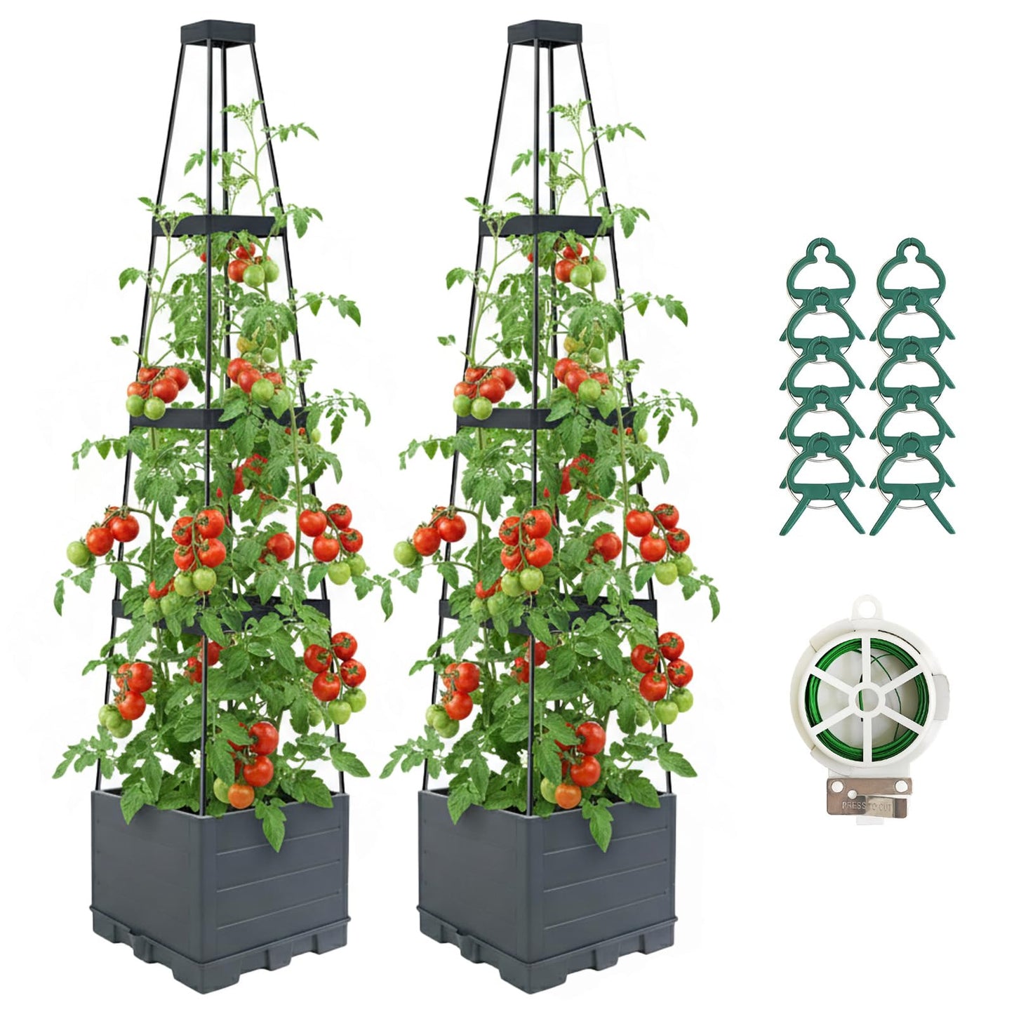 Lazzmonk 2 Pack Raised Garden Bed Planter Box with Trellis, 58”Tomato Planter with Trellis for Climbing Plants Vegetables Vine Flowers, Self-Watering Tomato Cage for Garden Patio Outdoor & Indoor