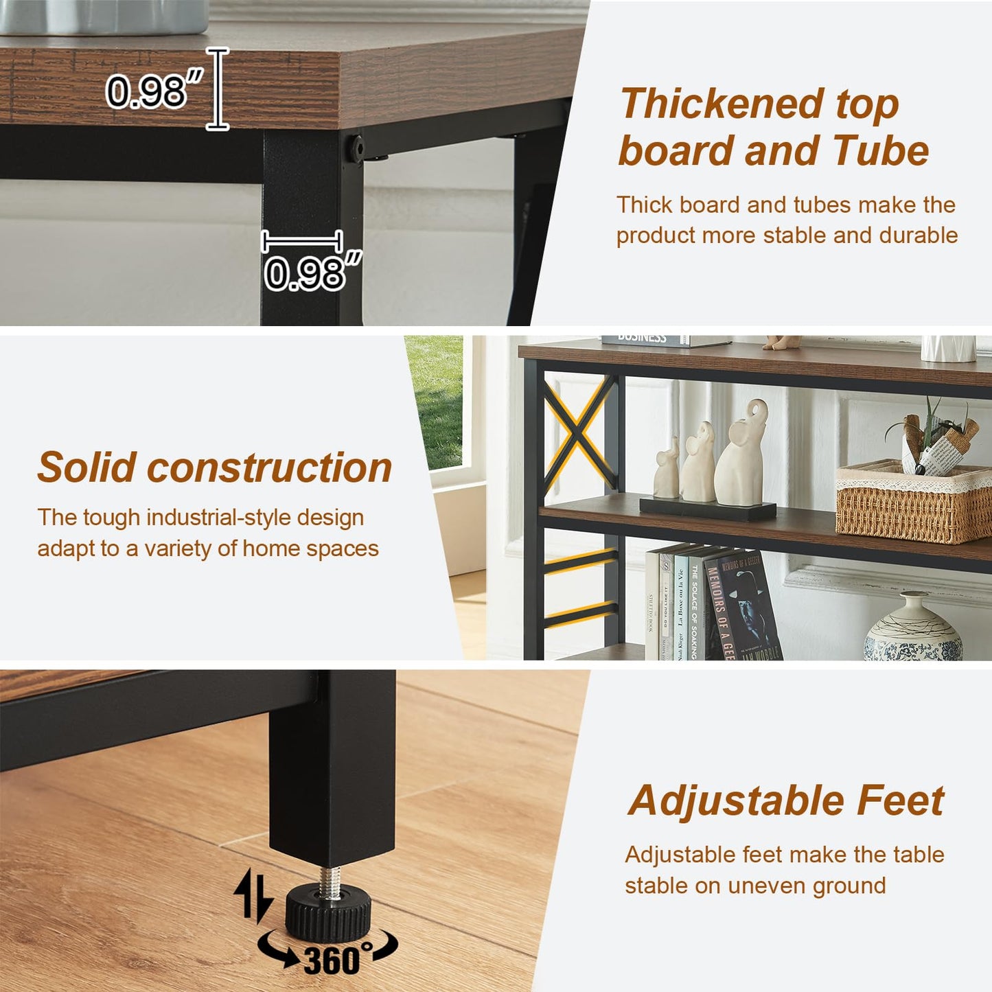 HOMBAZAAR Sofa Table,Industrial Console Table with Storage,Entryway Table with Engineered Wood and Metal,Rustic 3 Tier Shelf for Living Room,Hallway,Brown,47 Inch