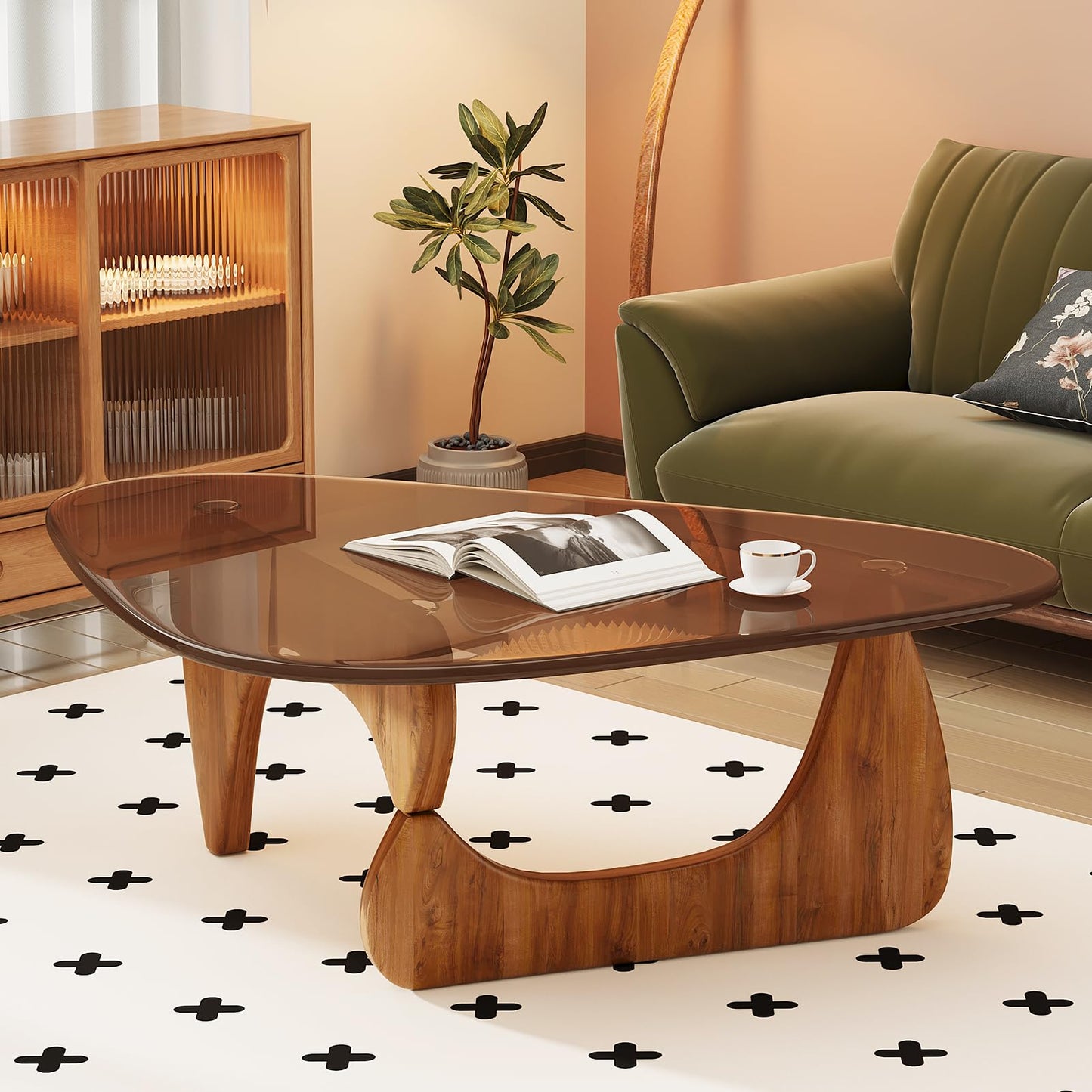 JCAJCA Coffee Table for Living Room Mid Century Modern Center Table with Glass Top and Wood, Brown/Walnut