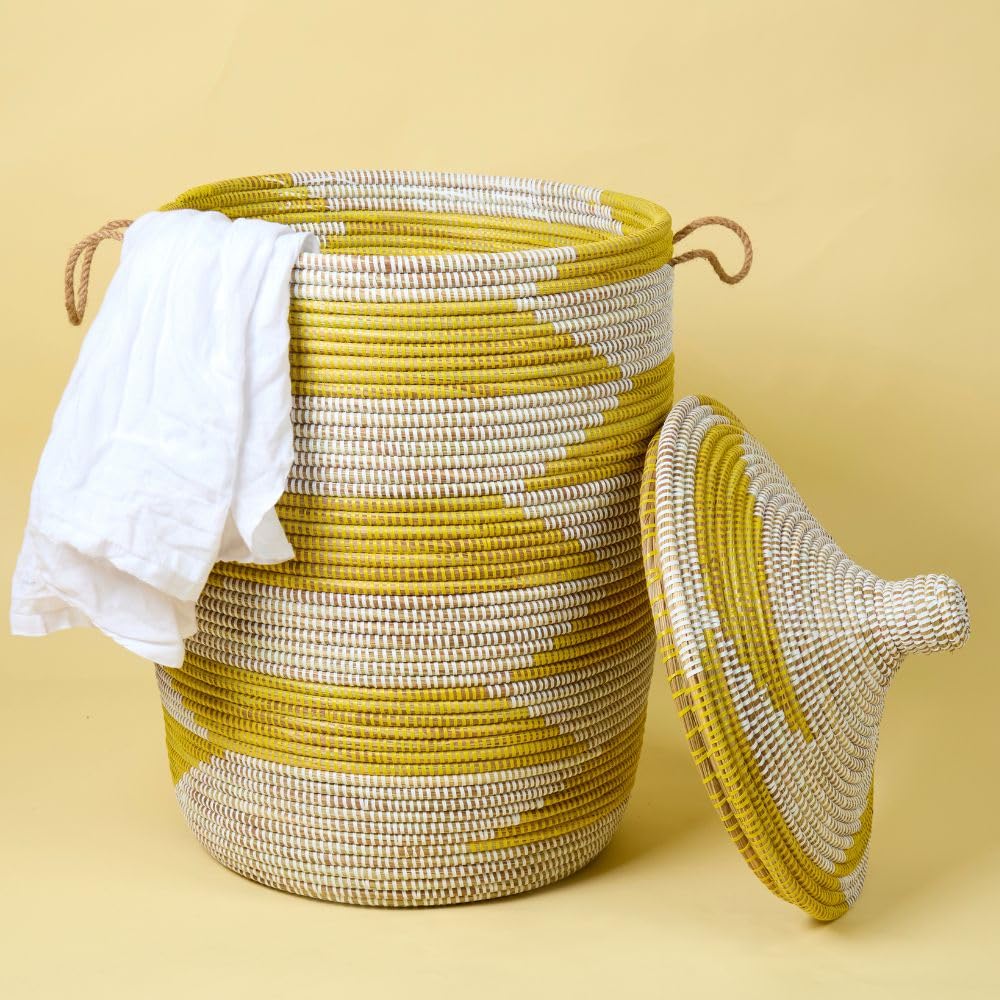 Large Wicker Basket, Yellow and White, 18 Inch Wide, 23 Inch Tall