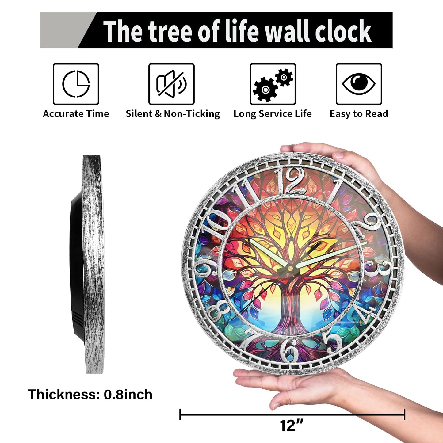 WANGIRO Tree of Life Wall Clock 12inch Silent Movement Clock Precise Timekeeping Wall Clock Ideal for Living Rooms Bedrooms Offices for Home Decor Enthusiasts Antique Silver