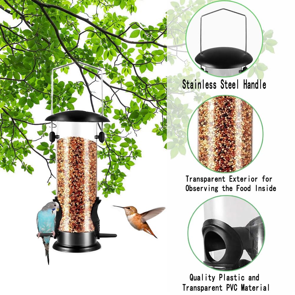 Metal Bird Feeder, Tube Bird Feeders for Outdoors Hanging, Heavy Duty Chew-Proof and Rust-Proof Tube Bird Feeder, Weatherproof & Steel Hanger, Attracting for Wild Birds (Black)