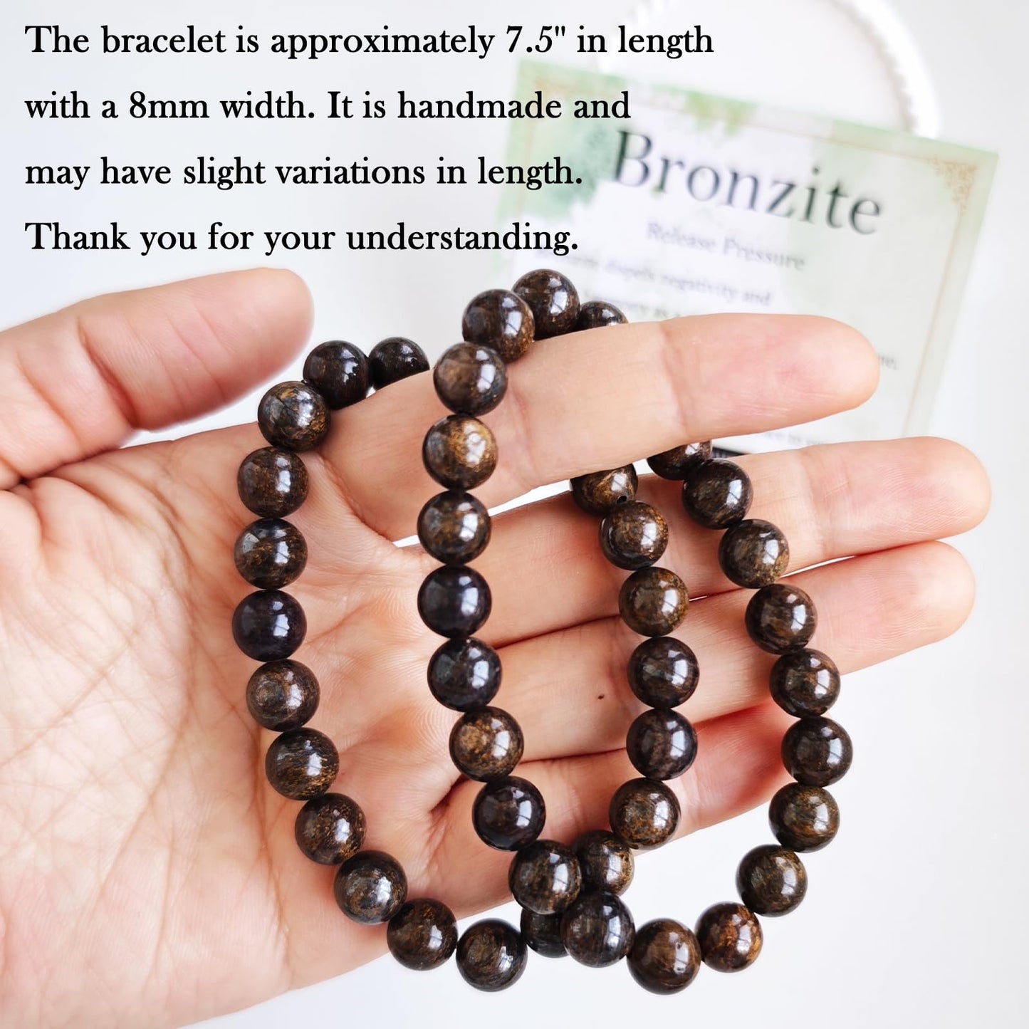 Handmade Natural Gemstone Elastic Bracelet - Healing Crystal Beads Jewelry, Unisex (Bronzite, 8mm)