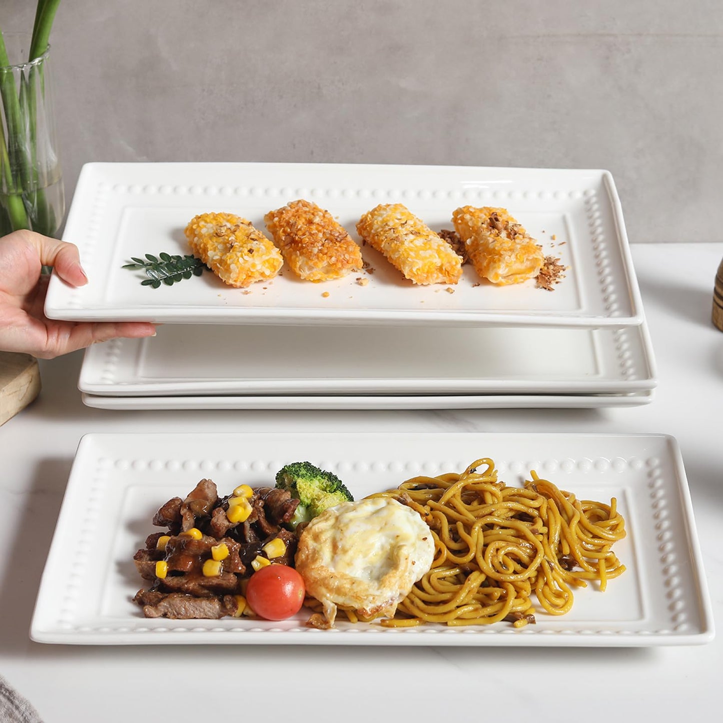 Feenmai 14 inch Ceramic Serving Platter - Rectangular Serving Trays Set of 4, Large Embossed Plates, Porcelain White Platters for Steak, Appetizer, Dessert, Tacos, Housewarming, Oven Dishwasher Safe