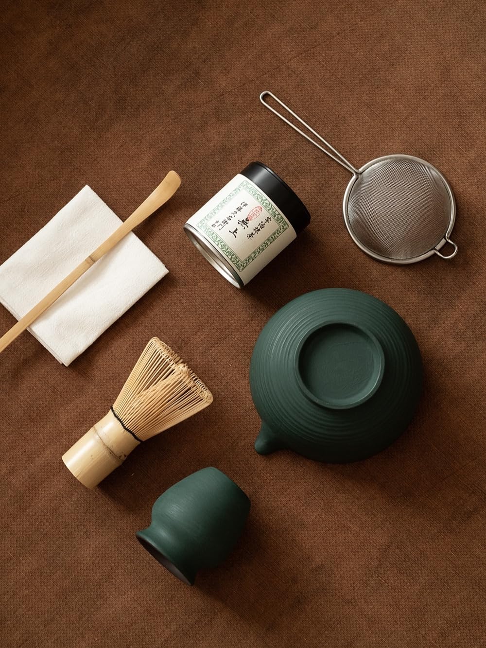 WUSEI 6-pcs Japanese Matcha Whisk Set, Handmade Ceramic Matcha Set with Bowl(Chawan),Bamboo Whisk(Chasen) and Holder, Scoop, Sifter & Tea Towel,Matcha Kit for Ceremony (Turquoise Green)
