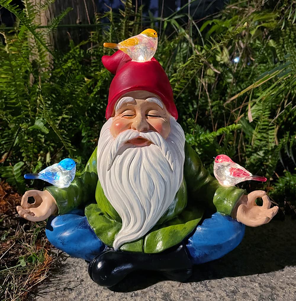 RAYWER Solar Powered Gnome with Red Hat and 3 Birds, Resin Garden Ornament with LED Light, Lawn Figurine Outdoor Decoration Statue (Gnome with 3 Birds)