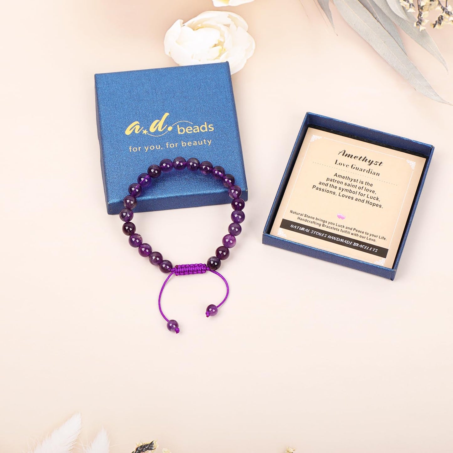AD Beads 8mm Amethyst Bracelet - Stone of Love Guardian - Handmade Natural Stone Crystal Bracelet with Adjustable Macrame String - Yoga Healing Power Energy Gifts for Men and Women