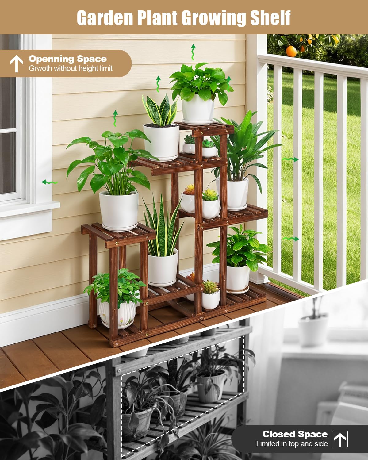 Carbonized Wood Plant Stand, 6-Tier Indoor Tiered Plant Shelves, Space-Saving Narrow Wood Plant Rack for Multiple Plants, Sturdy Flower Stand for Living Room/Balcony/Garden/Outdoor, Easy Assembly