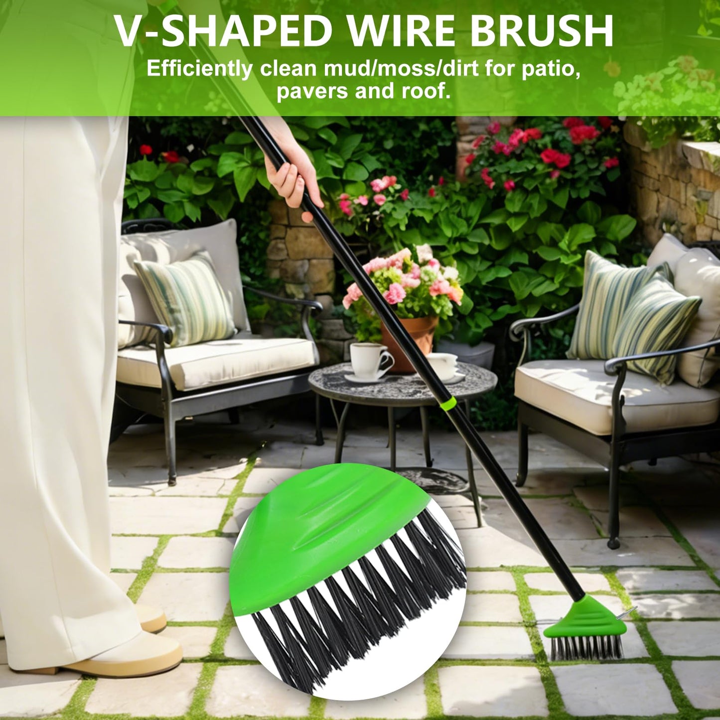 Crack Weeder Brush Long Handle 3-in-1 Wire Floor Scrubber Brush Crack Weeder Tool - Manual Crevice Weeding Tool with Scraper , Weed & Moss Remover for Driveway, Patio, Garage, Deck, Pool, and Sidewalk