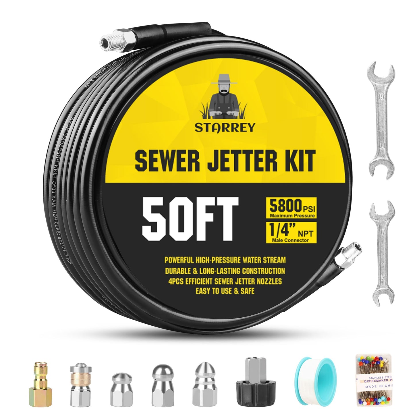 Pressure Washer Drain Jetter – Sewer Jetter Kit for Pressure Washer 50ft 1/4 Inch NPT Hose Nozzles and Adapter 5800PSI Clears Clogs in Pipes & Sewer Lines