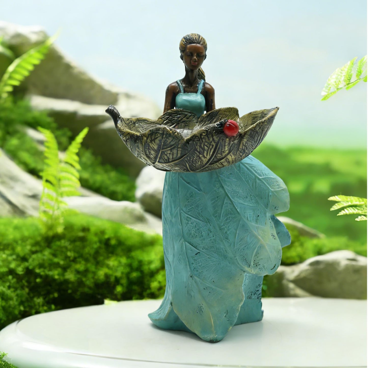 ZUDKSUY 10 Inch Fairy Garden Statue Bird Feeder, Unique Resin Bird Feeder, Decorative Outdoor Bird Feeder for Garden, Lawn, and Home Décor Gift for Women