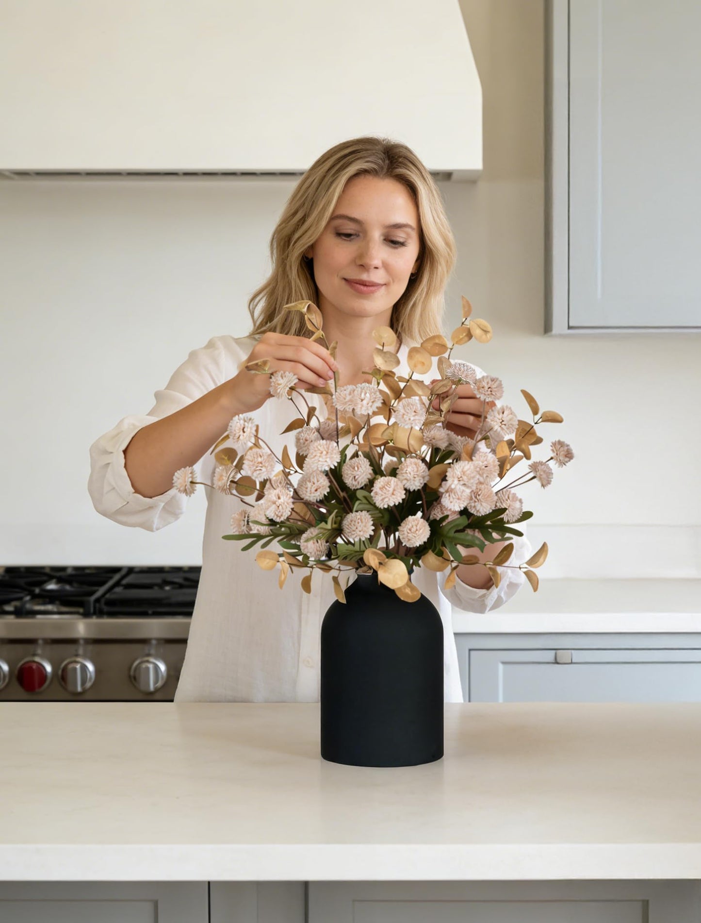 BLOSMON Fake Flowers Centerpieces for Tables: Gifts for Women Metal Vase with 12 Stems of Artificial Mums Kiku Eucalyptuses for Dining Room - Beige Faux Floral Arrangements in vase for Mothers Day