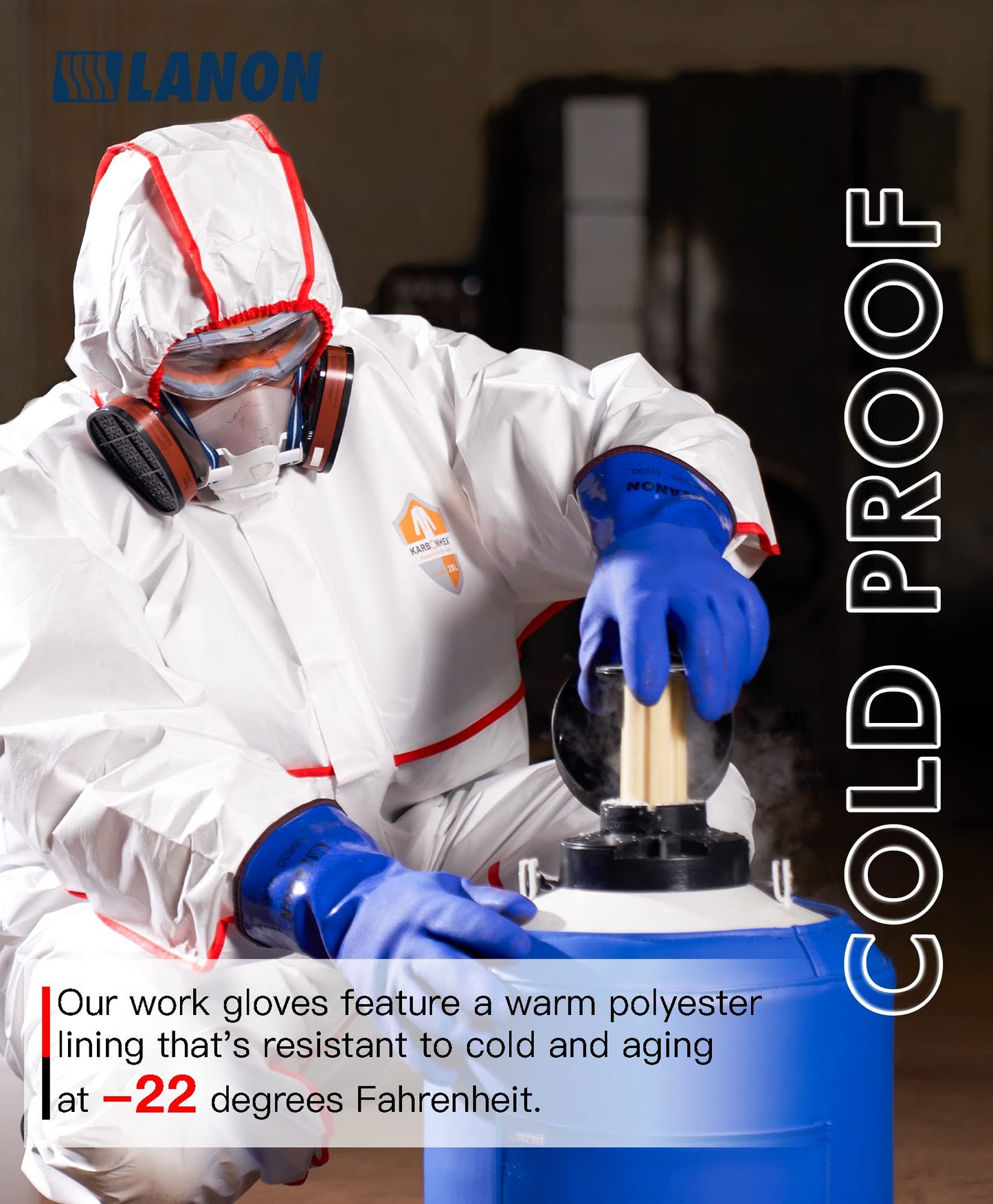 LANON PVC Coated Cold Proof Heavy Duty Gloves, Waterproof Warm Work Gloves for Freezer Work, Chemical & Oil Resistant, Non-Slip, Large