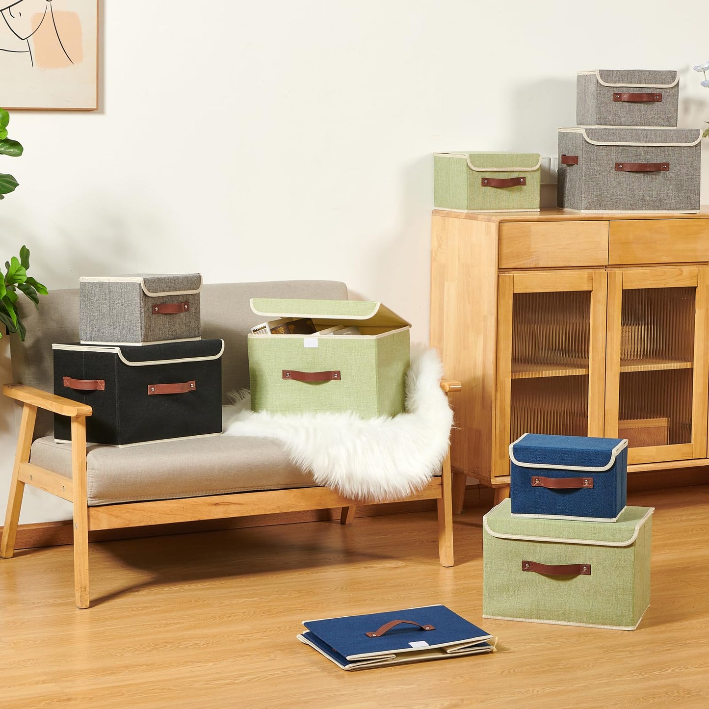 VinneGenzz Storage Boxes with Lid Cotton Linen Fabric Storage Bins Organizer Container Decorative Collapsible Washable Shelf Baskets Faux Leather Handles for Home Bedroom Closet (Deep Blue, Large)