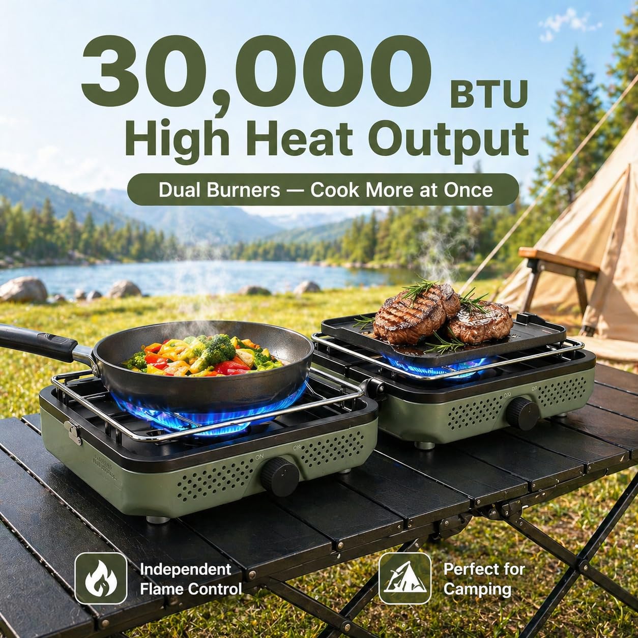 Hisencn Camping Stove,2 Burner Propane Camping Stove with Windscreen,30,000 BTU Portable Propane Stove with Carry Bag,Outdoor Cooking Stove set for Camping Gear,RV Essentials,Camp Gifts for Man,Green