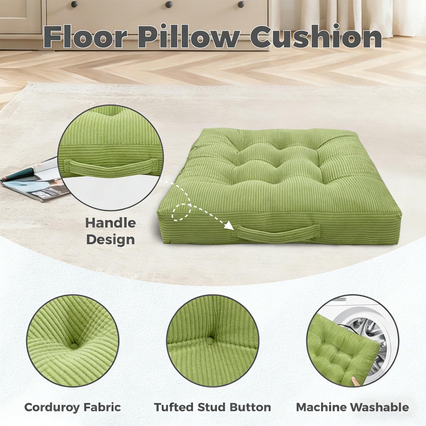 Cyditan Beige Floor Cushion Floor Sitting Cushions Tufted Velvet Portable Seat Cushions with Handle, 18x18 Inch Set of 2, Machine Washable Chair Pads for Kitchen Dining Room Patio Seats