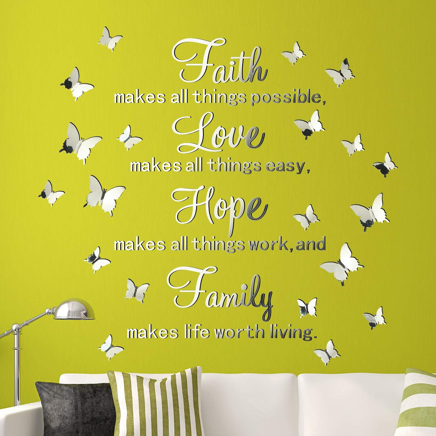 3D Acrylic Mirror Wall Decor Stickers Removable Butterfly Mirror Wall Stickers DIY Faith Makes All Things Possible for Home Office School Teen Dorm Room Decoration(Silver)