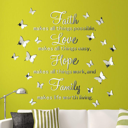 3D Acrylic Mirror Wall Decor Stickers Removable Butterfly Mirror Wall Stickers DIY Faith Makes All Things Possible for Home Office School Teen Dorm Room Decoration(Silver)