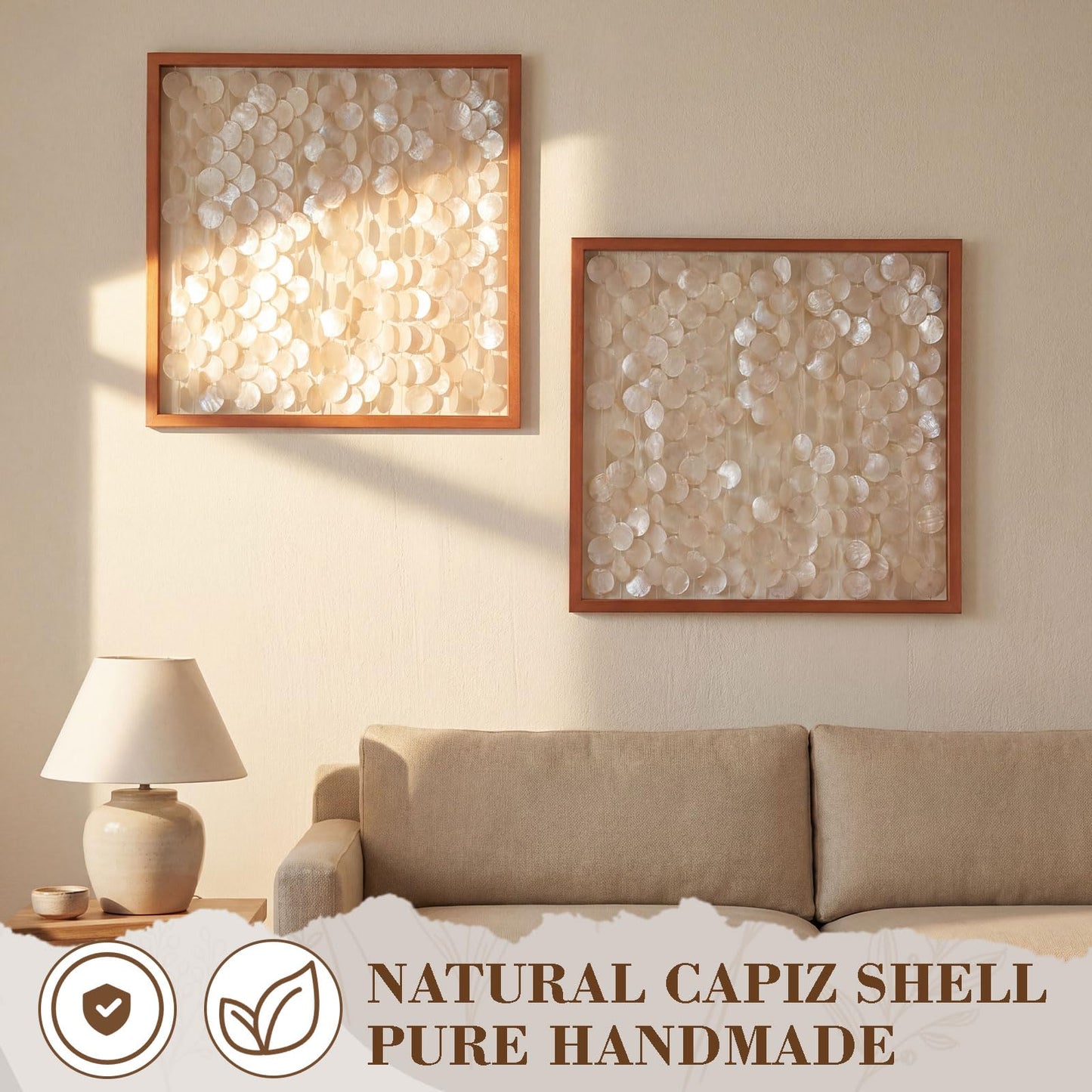 Yerliker 1 Pcs 24"x24" Capiz Shell Wall Decor Handmade Coastal Wall Art with Solid Wood Frame 3D Minimalist Natural Ocean Sea Shell Decor Frame Beach Nautical Art for Home Living Room Office Bedroom